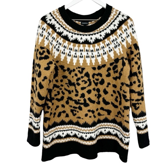 Torrid Vegan Cashmere Leopard Print Fair Isle Sweater Black Tan Size 1X - Picture 3 of 6